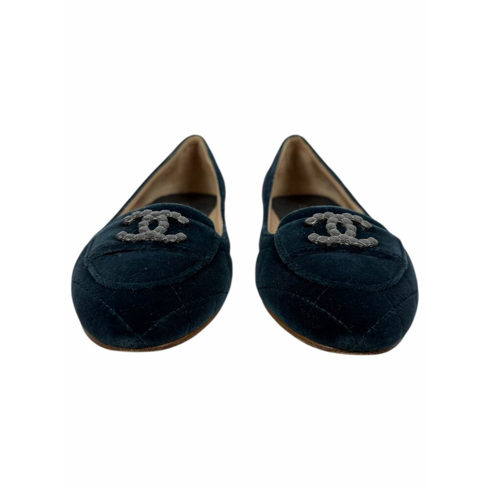 Chanel CC Logo Jeweled Velvet Quilted Slip On Flats Blue Size 39 - Picture 5 of 13